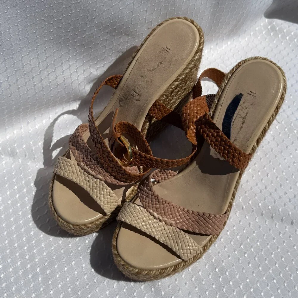 Stuart Weitzman Multicolor Woven Leather Wedge Ankle Strap‎ Sandals Size 8